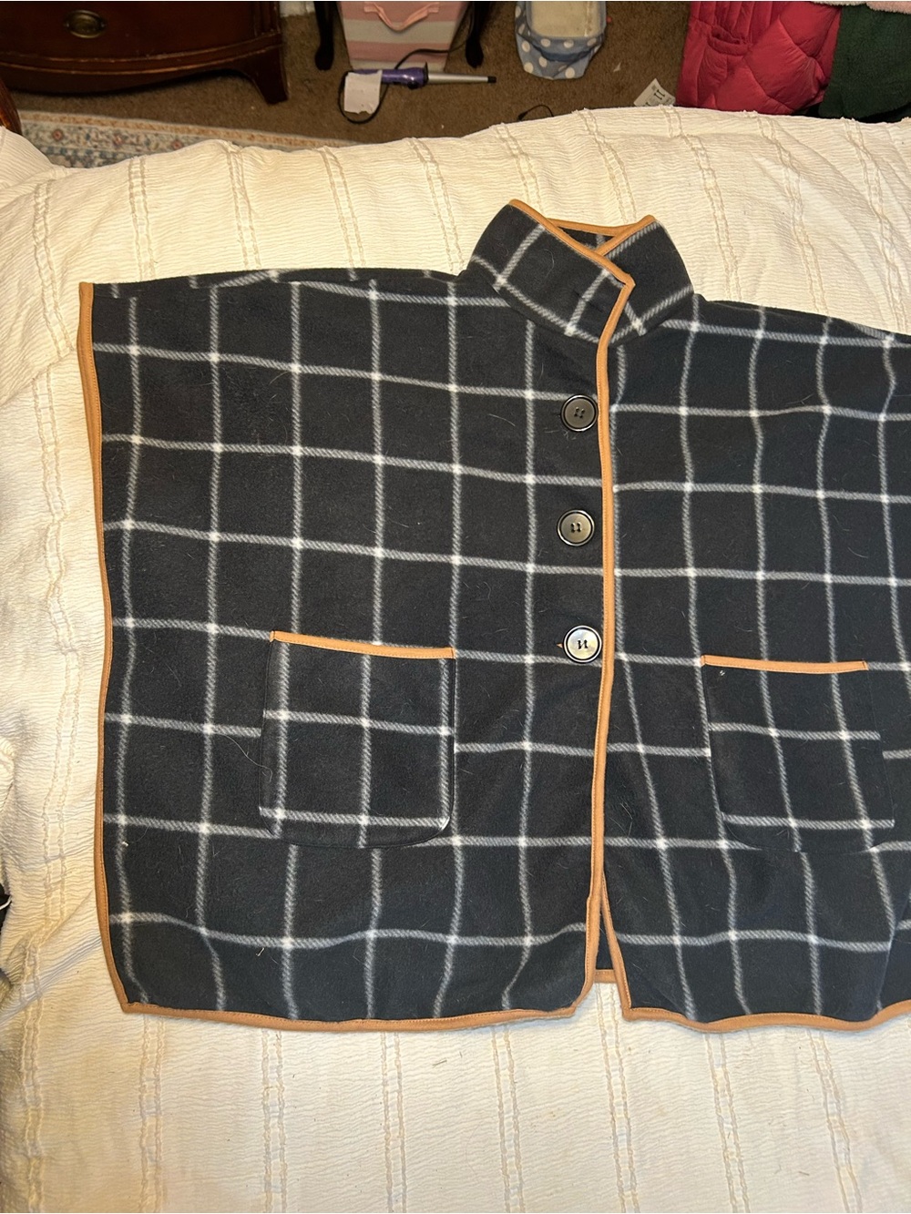 Black Windowpane Plaid Poncho with Tan Trim